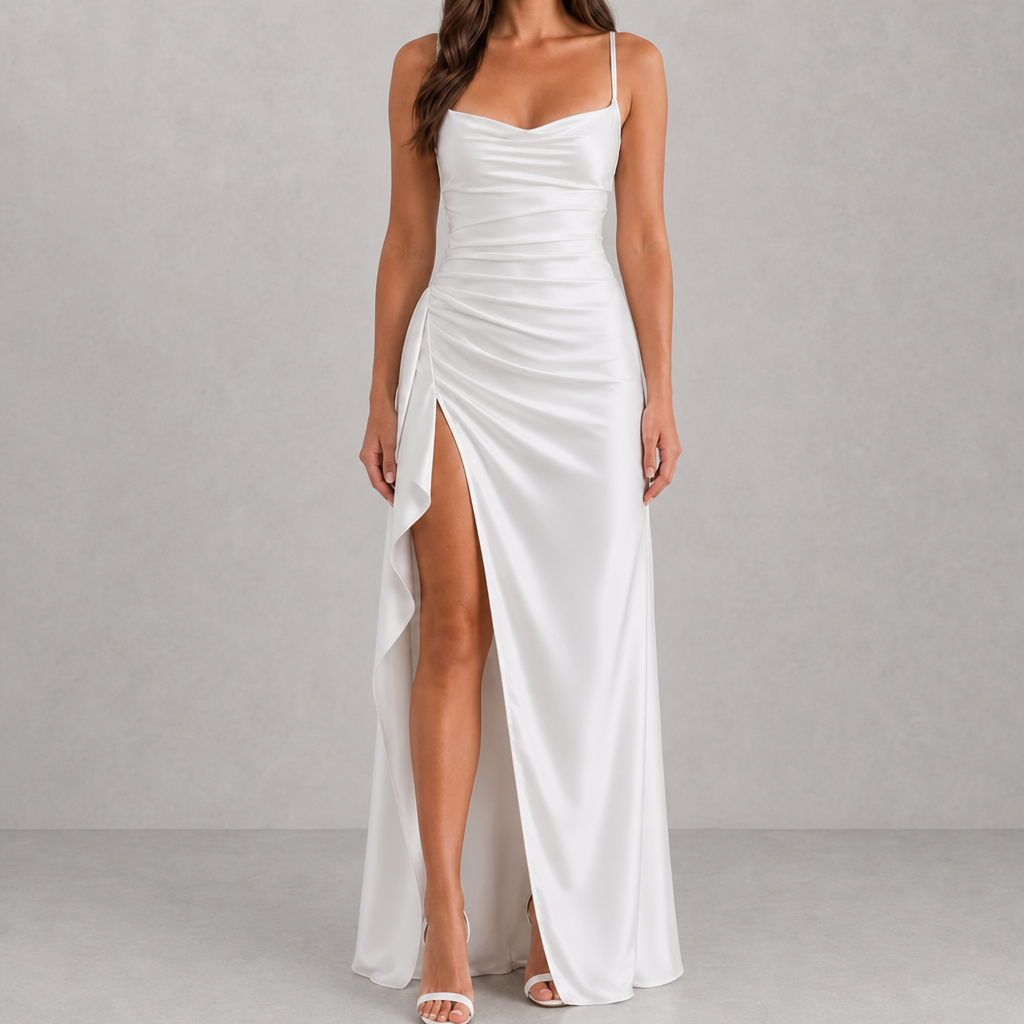 Modica Ruched Satin Maxi Dress in Ivory
