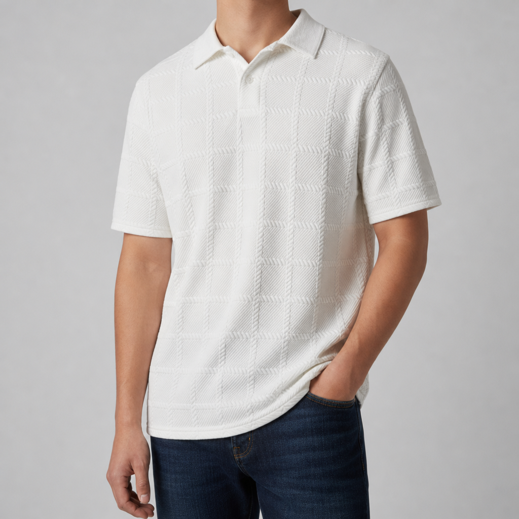 Split Textured Knit Polo in Ivory