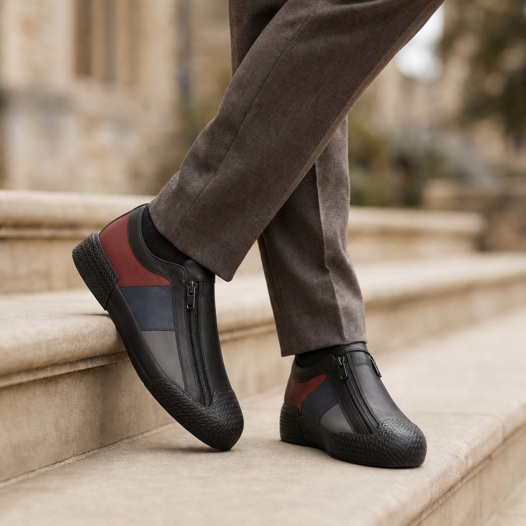 Alassio Leather Zip Sneakers in Jet Black