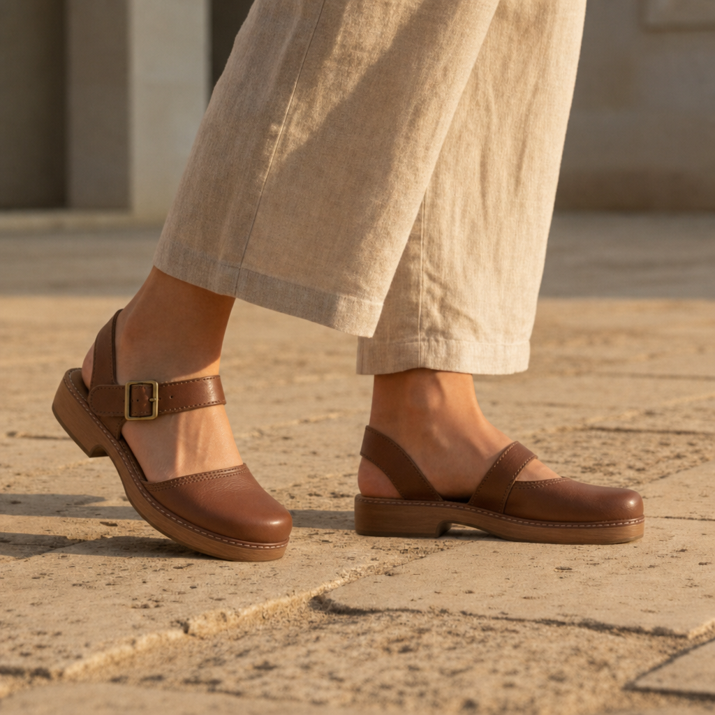 Estepona Leather Platform Clog Heels in Khaki