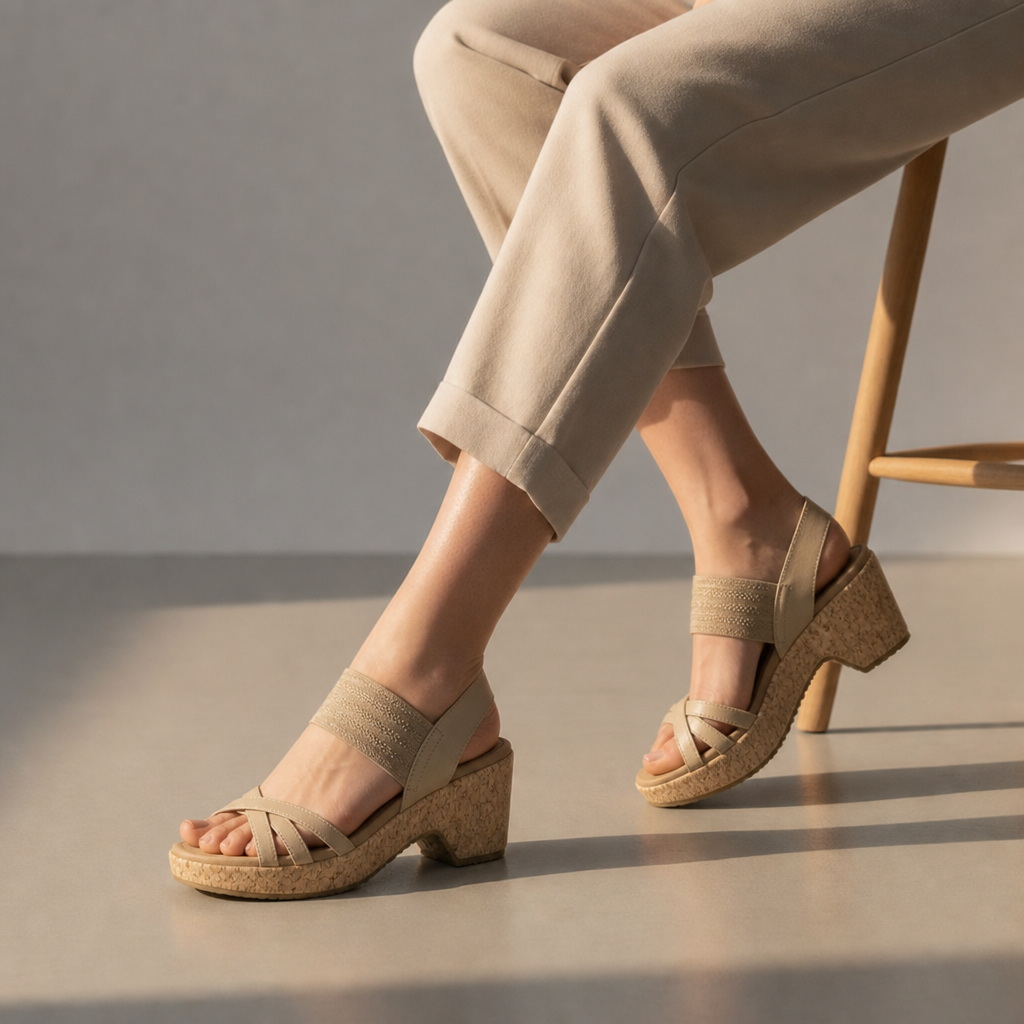 Arezzo Orthopedic Cork Wedge Sandals in Khaki