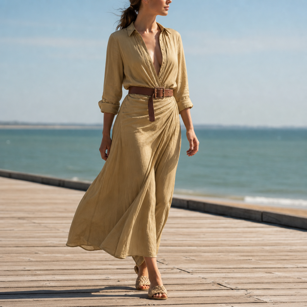 Obidos Belted Shirt Maxi Dress in Khaki