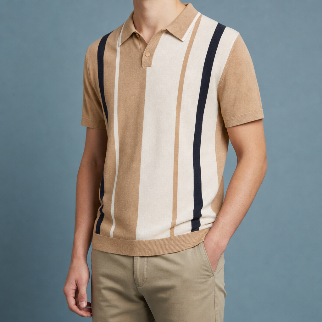 Methoni Striped Knit Polo in Khaki