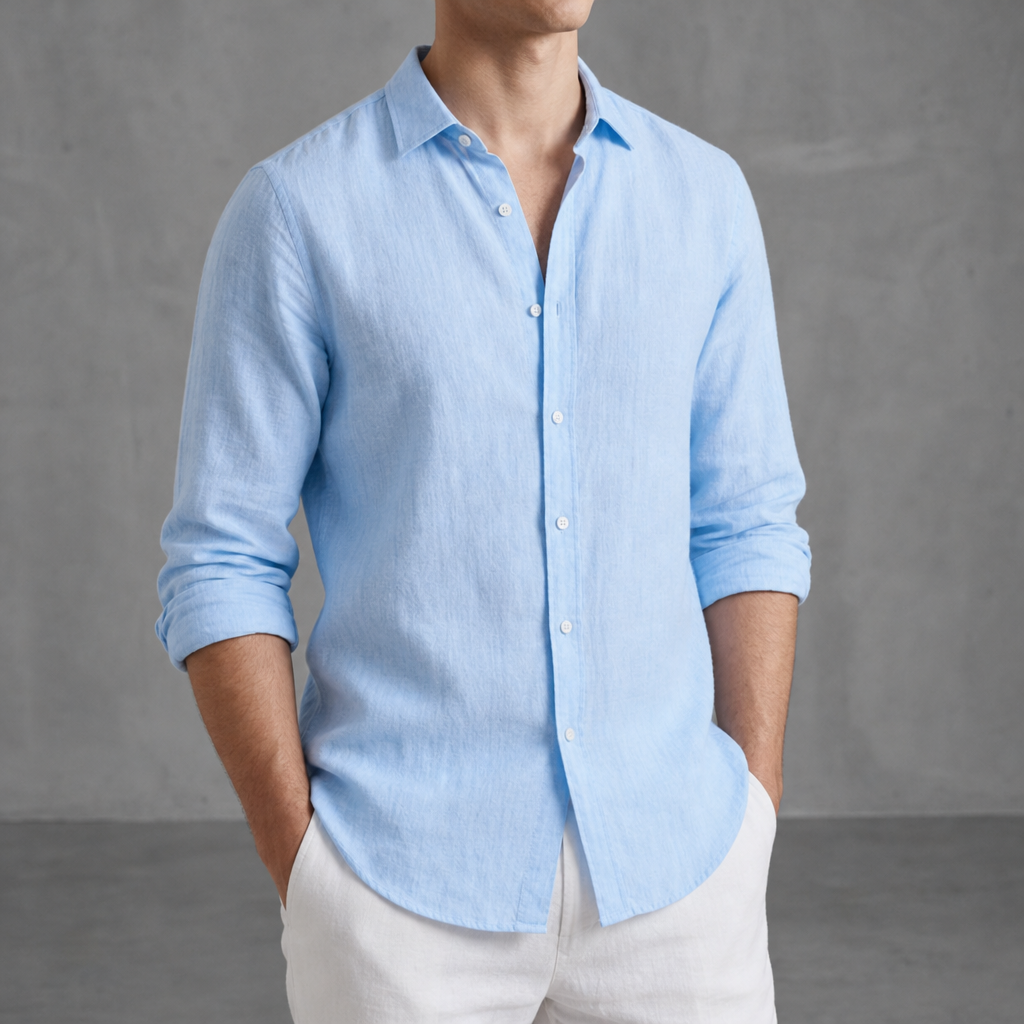 Saint Tropez Linen Relaxed Button-Up Shirt in Light Blue