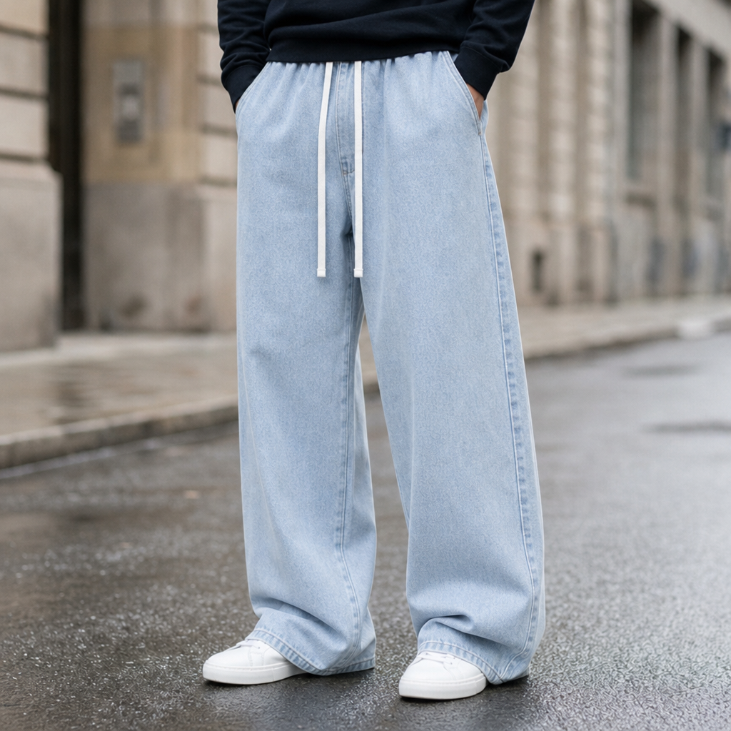 Peniscola Wide-Leg Drawstring Jeans in Light Blue