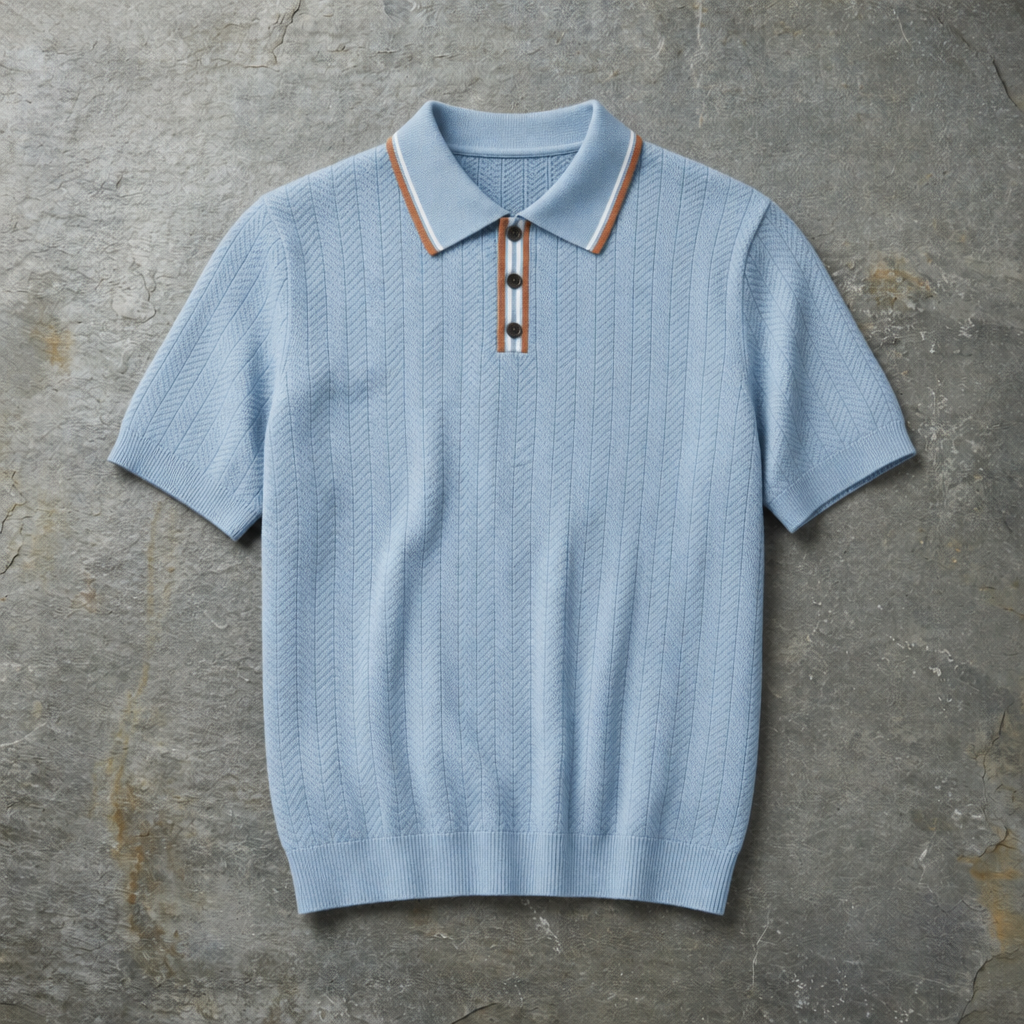 Trani Tipped Collar Knit Polo in Light Blue