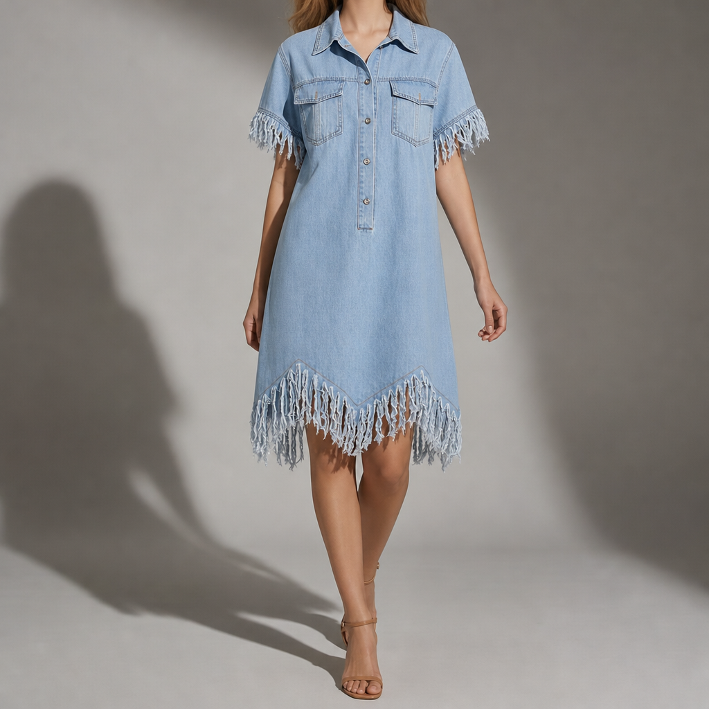 Porec Fringe Denim Shirt Dress in Light Blue