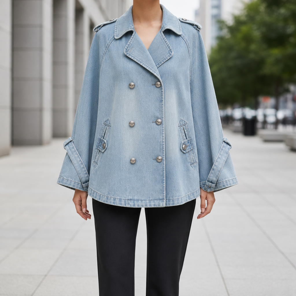 Calvero Double-Breasted Denim Cape in Light Blue