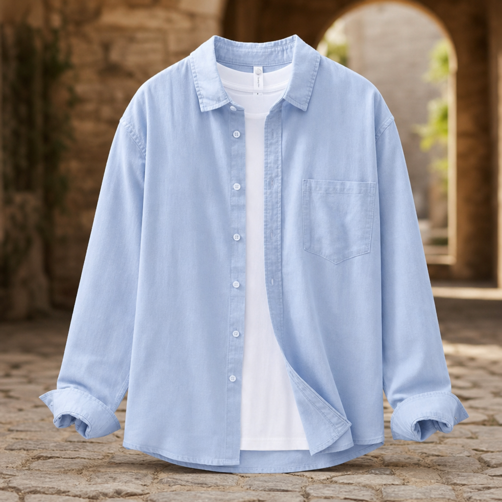 Trogir Linen Cotton Button-Up in Light Blue