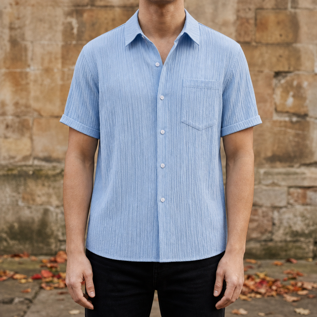 Folegandros Crinkle Cotton Shirt in Light Blue