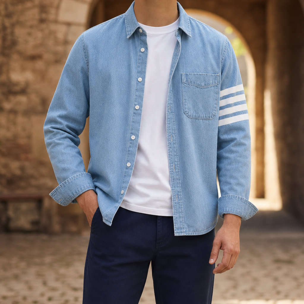 Ceret Striped Sleeve Denim Shirt in Light Blue