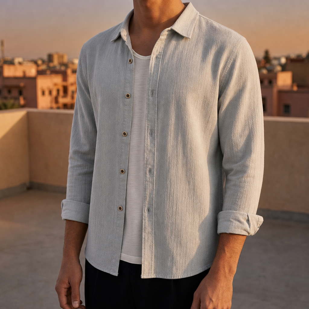 Malaga Cotton Button-Up Shirt in Light Gray