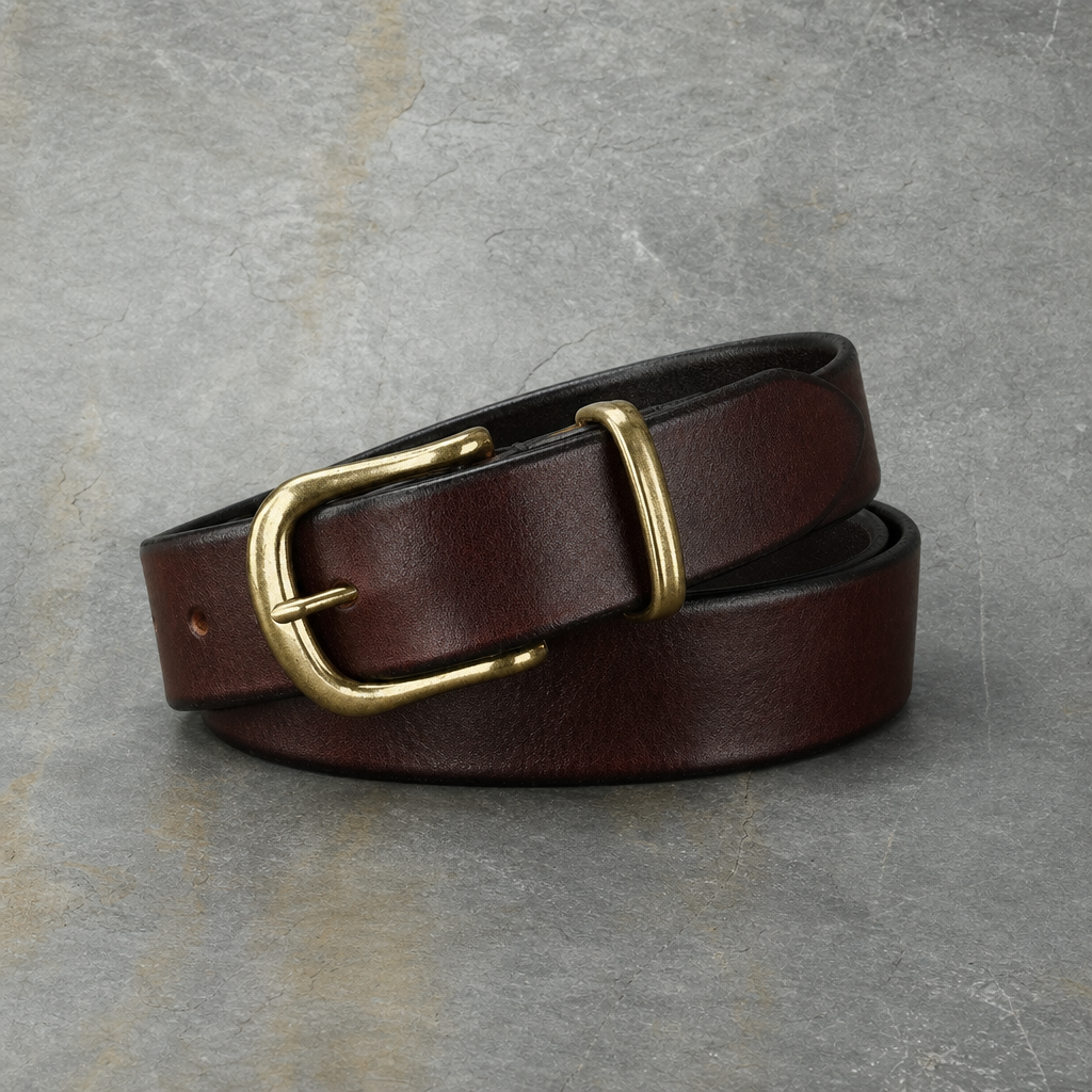 Mdina Brass Buckle Leather Belt in Mahogany Brown