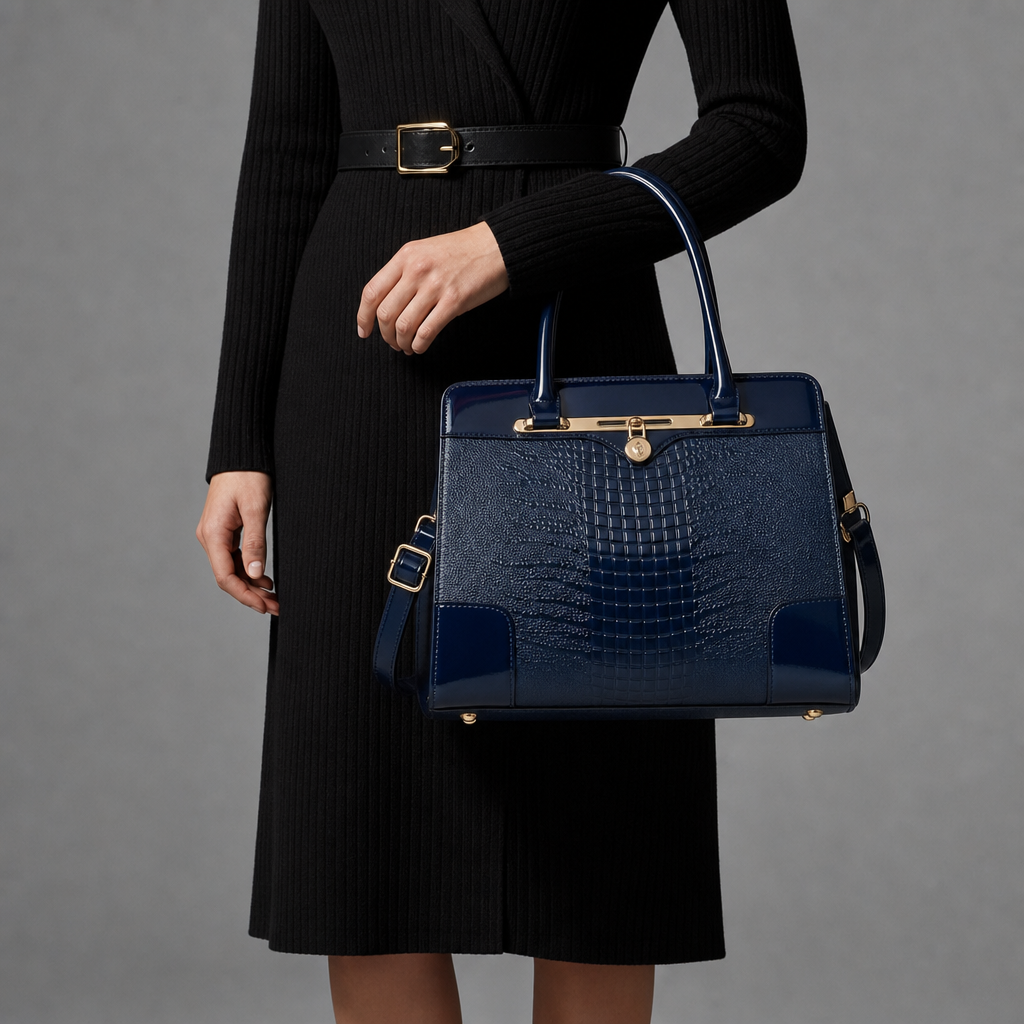 Mestino Croc Embossed Frame Satchel in Midnight
