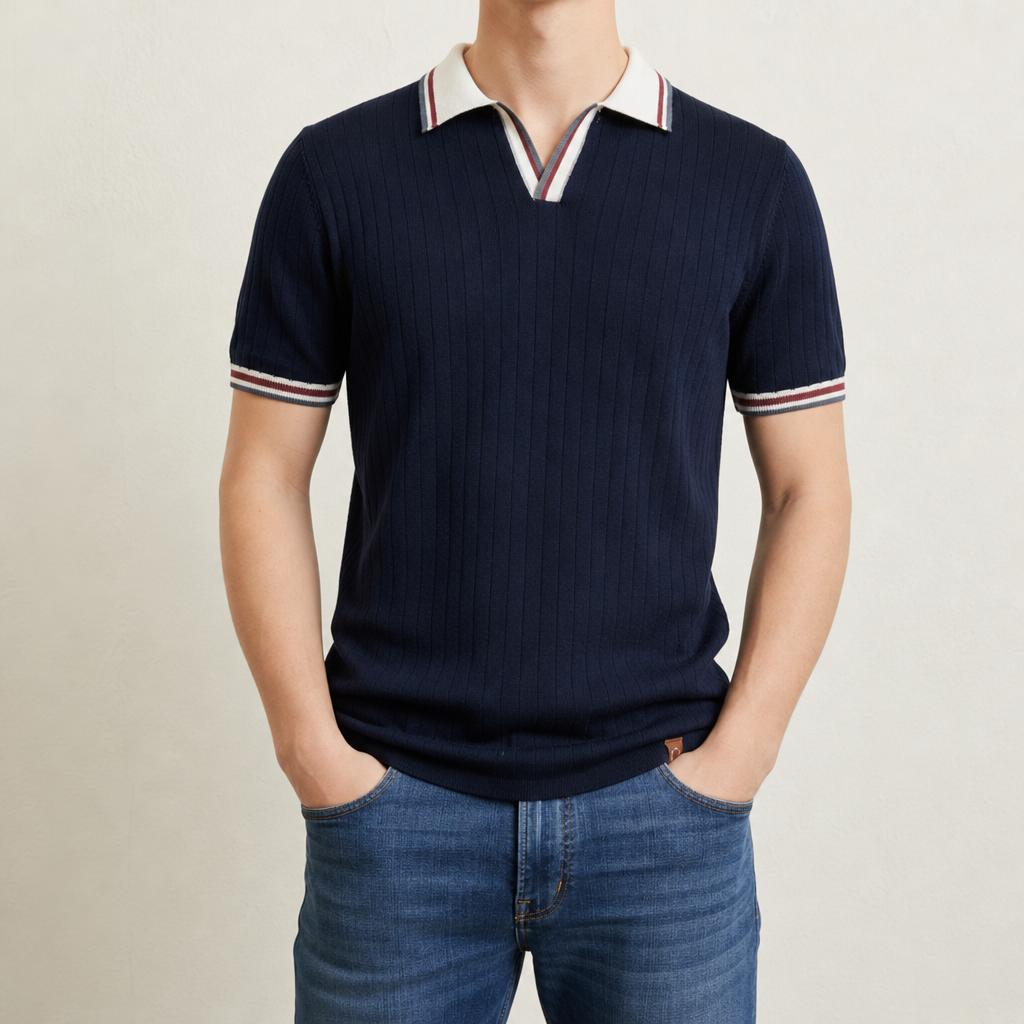 Tinos Ribbed Knit Polo in Midnight