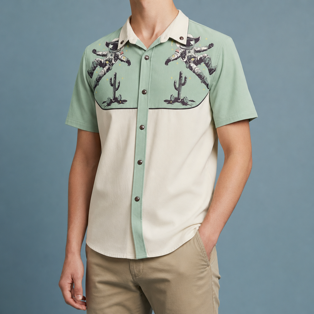 Palamos Astronaut Cowboy Western Shirt in Mint Green And Cream