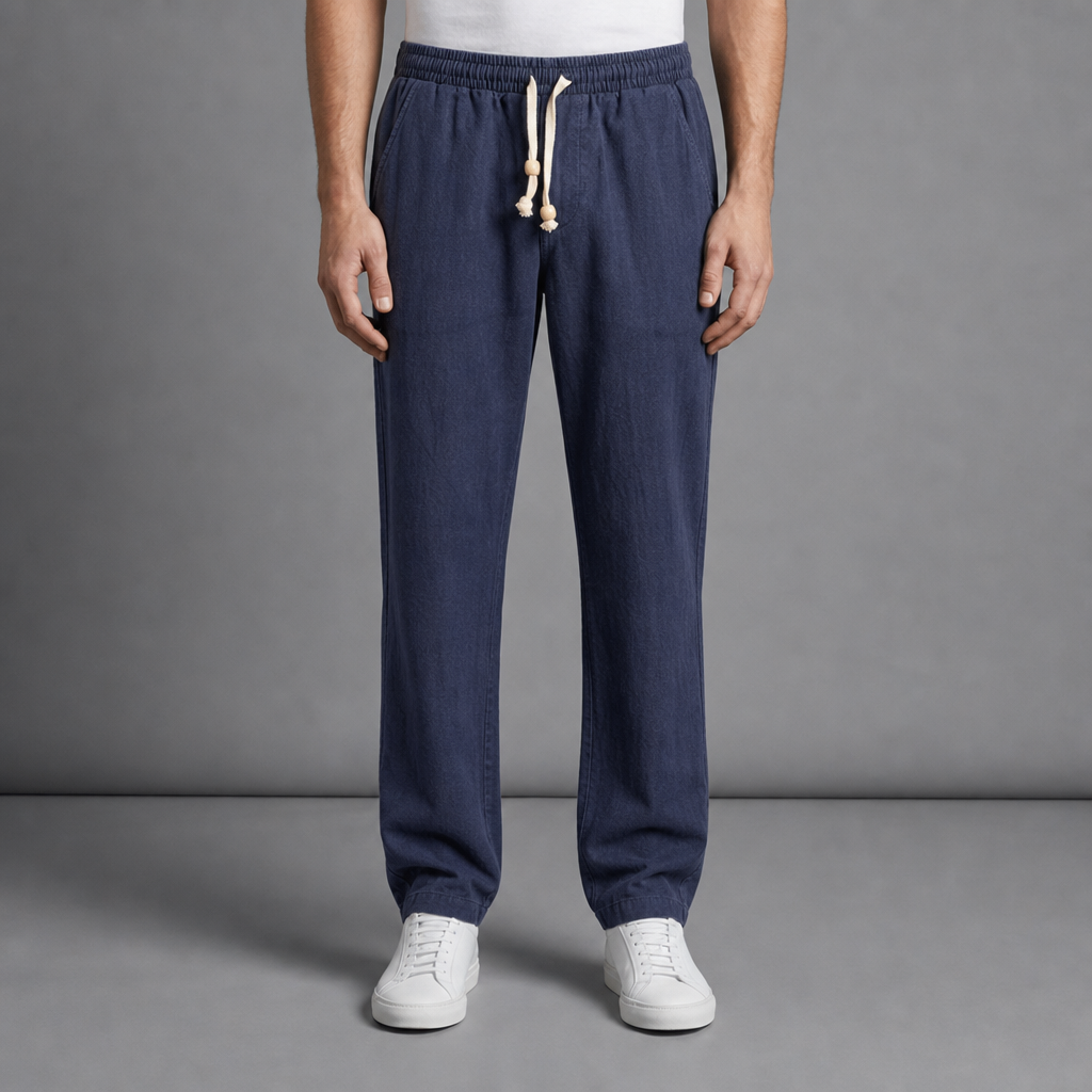 Alassio Linen Drawstring Trousers in Navy Blue
