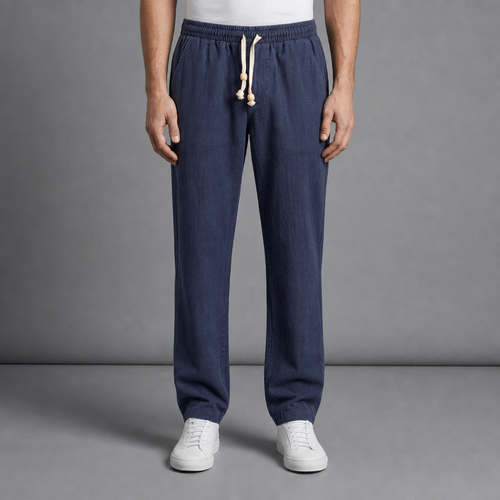 Alassio Linen Drawstring Trousers in Navy Blue
