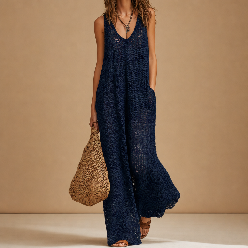 Avignon Knit Wide-Leg Jumpsuit in Navy Blue