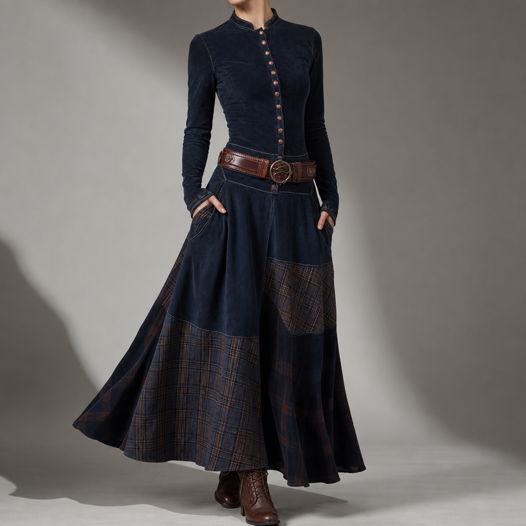 Symi Patchwork Plaid Maxi Dress in Navy Blue
