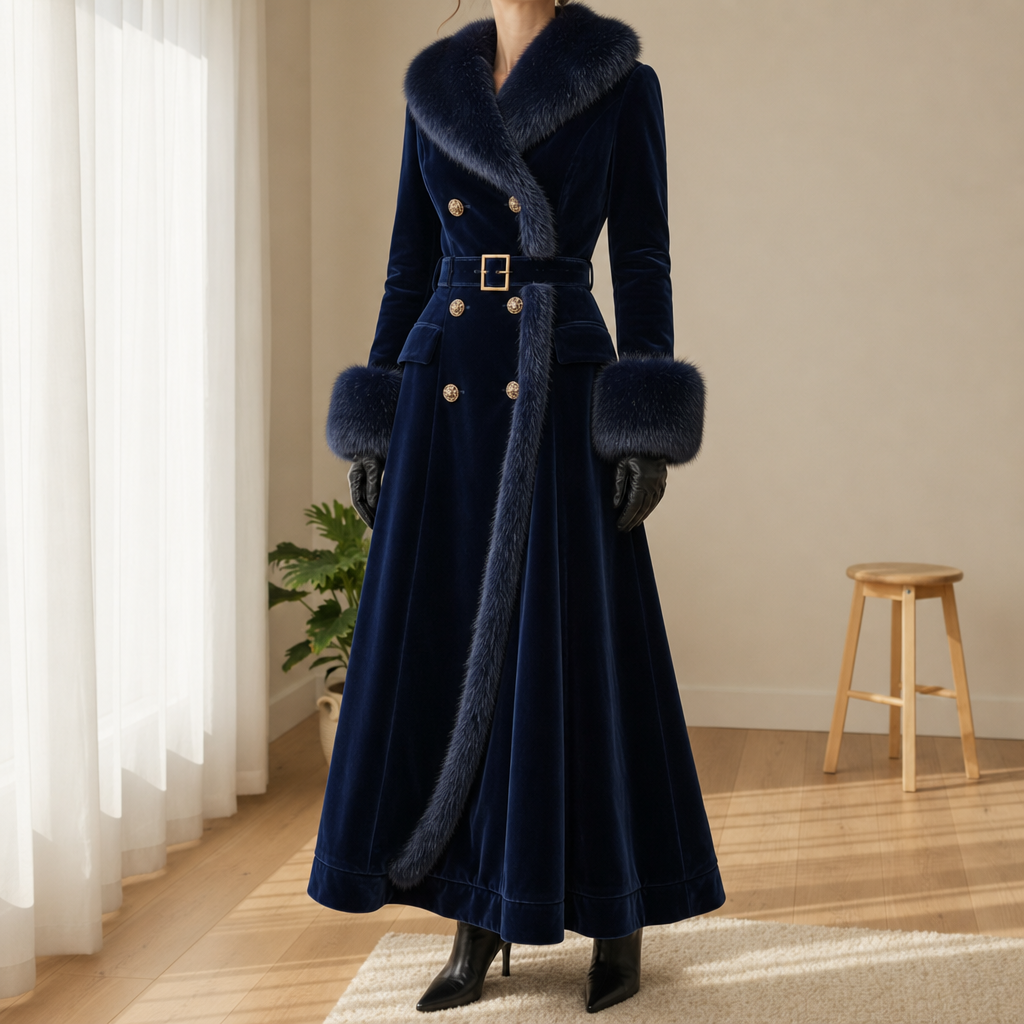 Gallipoli Faux Fur Velvet Coat in Navy Blue