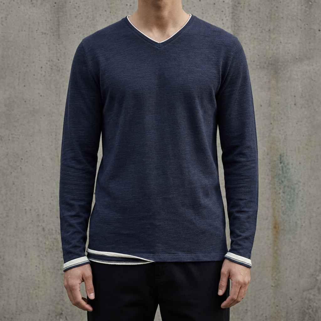 Ceret Contrast Trim V-Neck Tee in Navy Blue