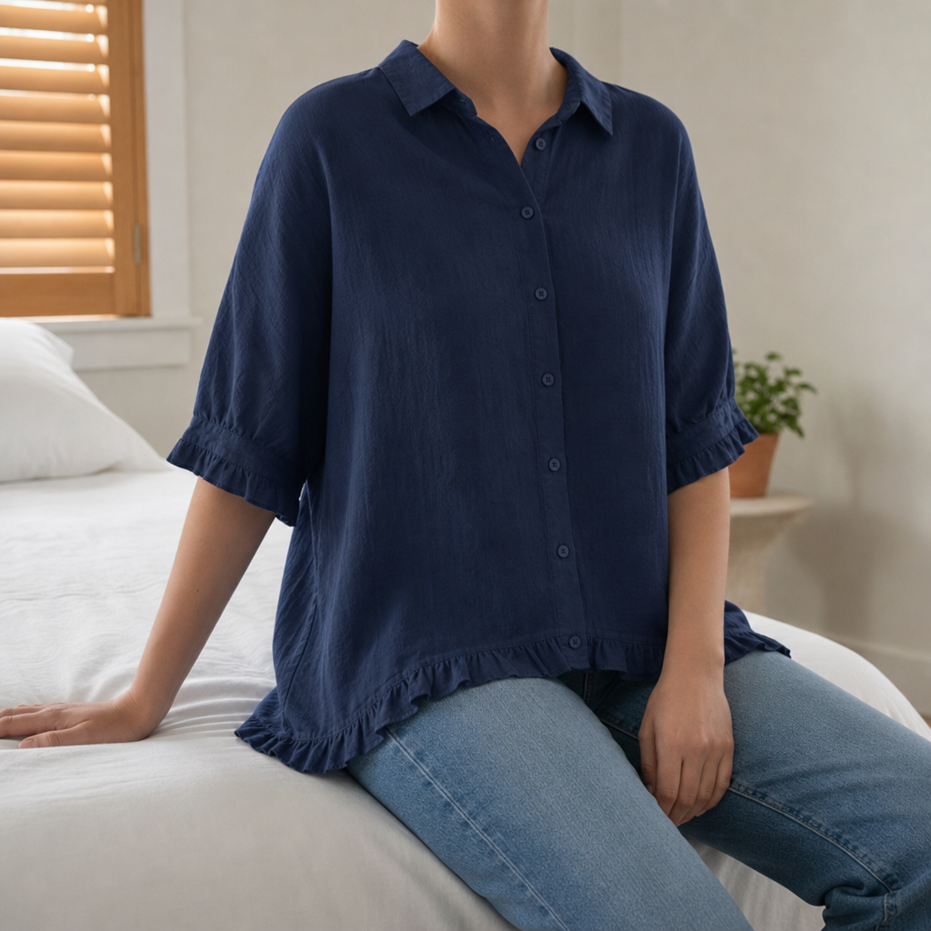 Guimaraes Ruffle Hem Blouse in Navy Blue