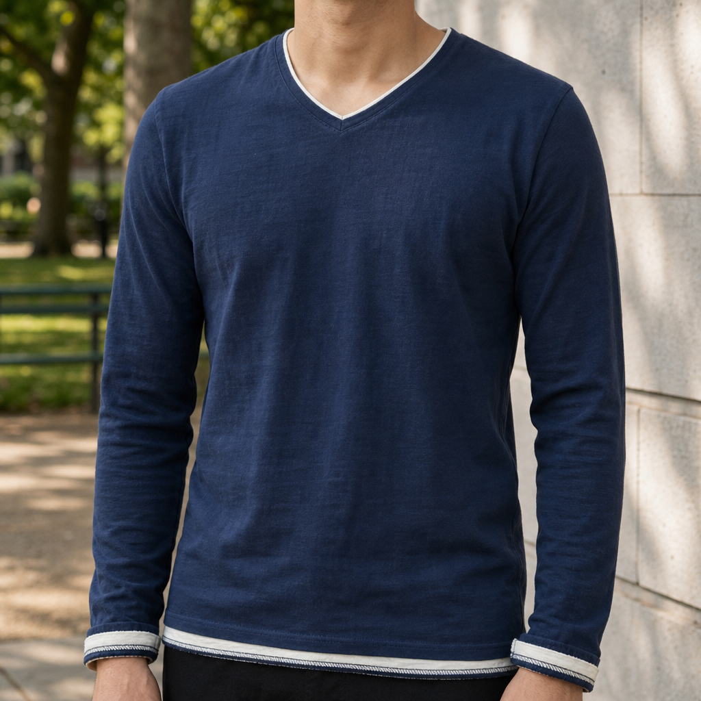 Cavtat Contrast Trim V-Neck Tee in Navy Blue