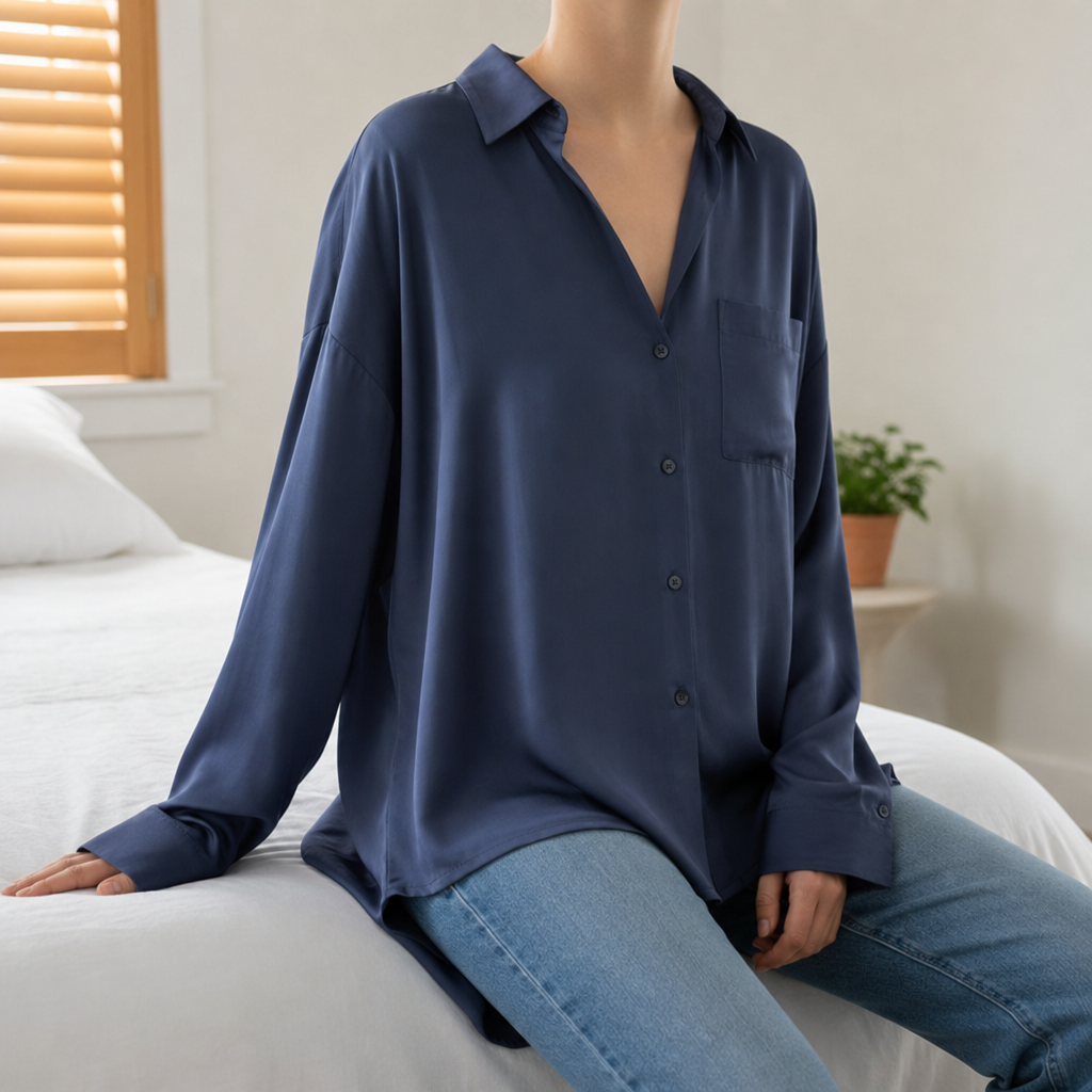 Montalcino Oversized Silk Blouse in Navy Blue