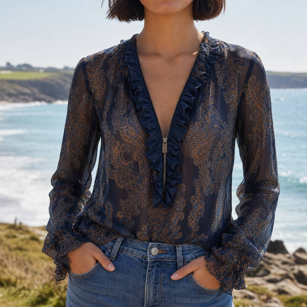 Aix Ruffle Zip Chiffon Blouse in navy