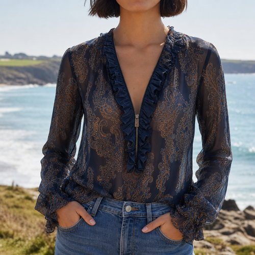 Aix Ruffle Zip Chiffon Blouse in navy