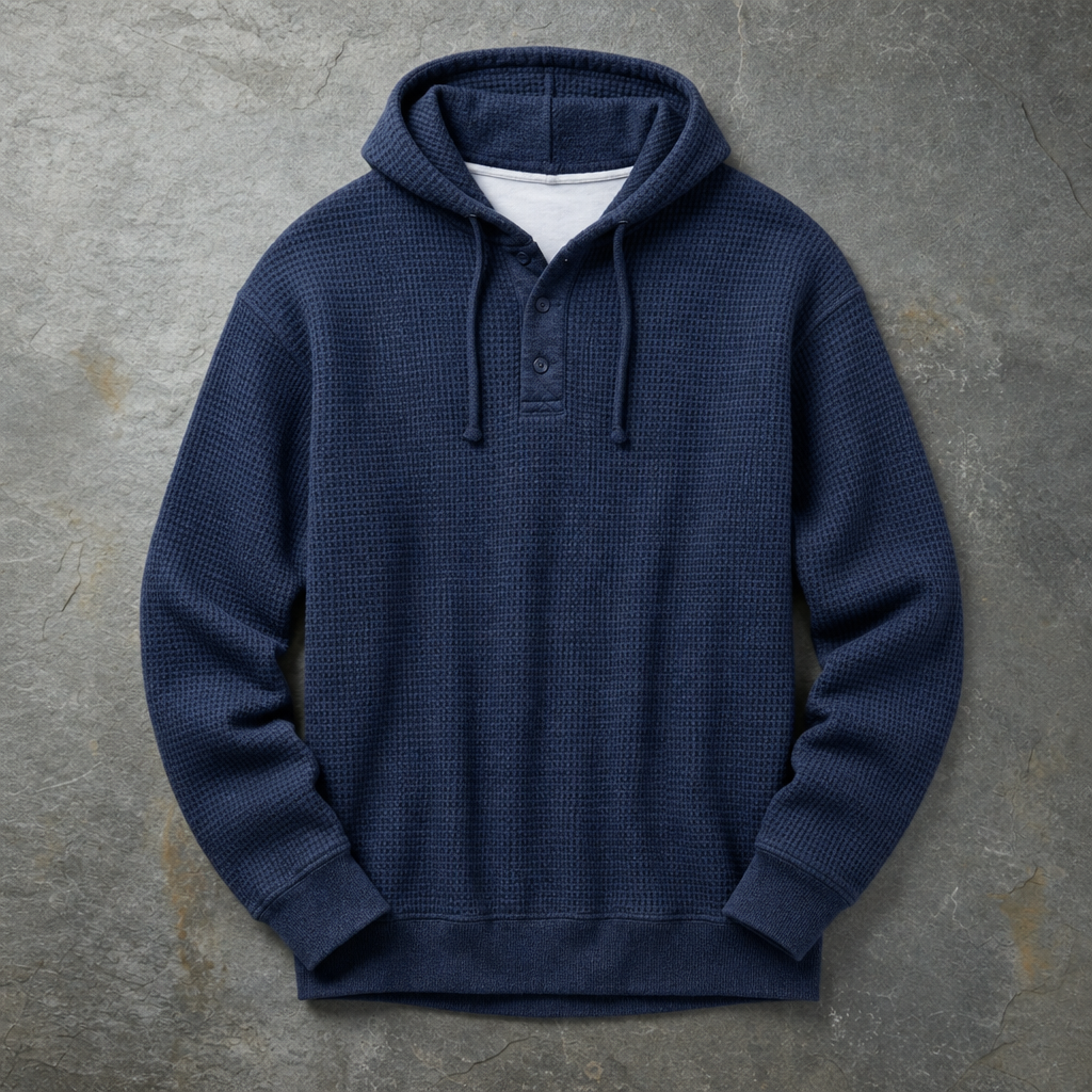 Sarentina Waffle Knit Henley Hoodie in Navy