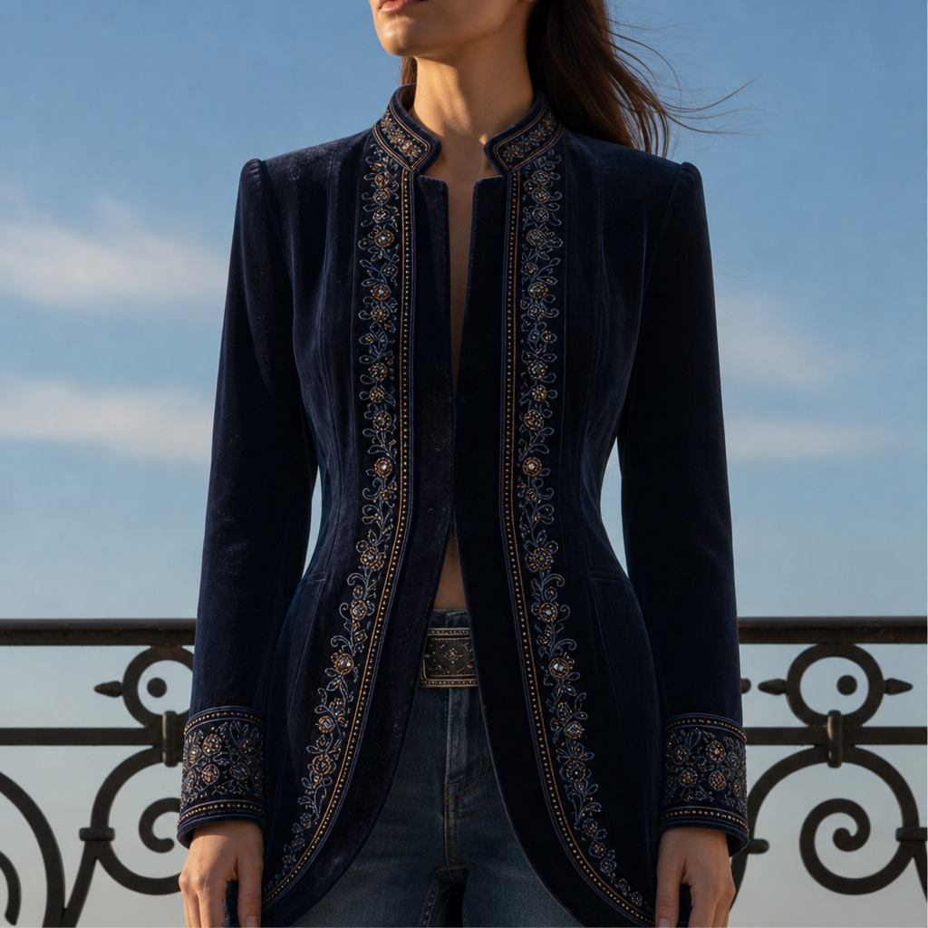 Coimbra Embroidered Velvet Long Jacket in Navy