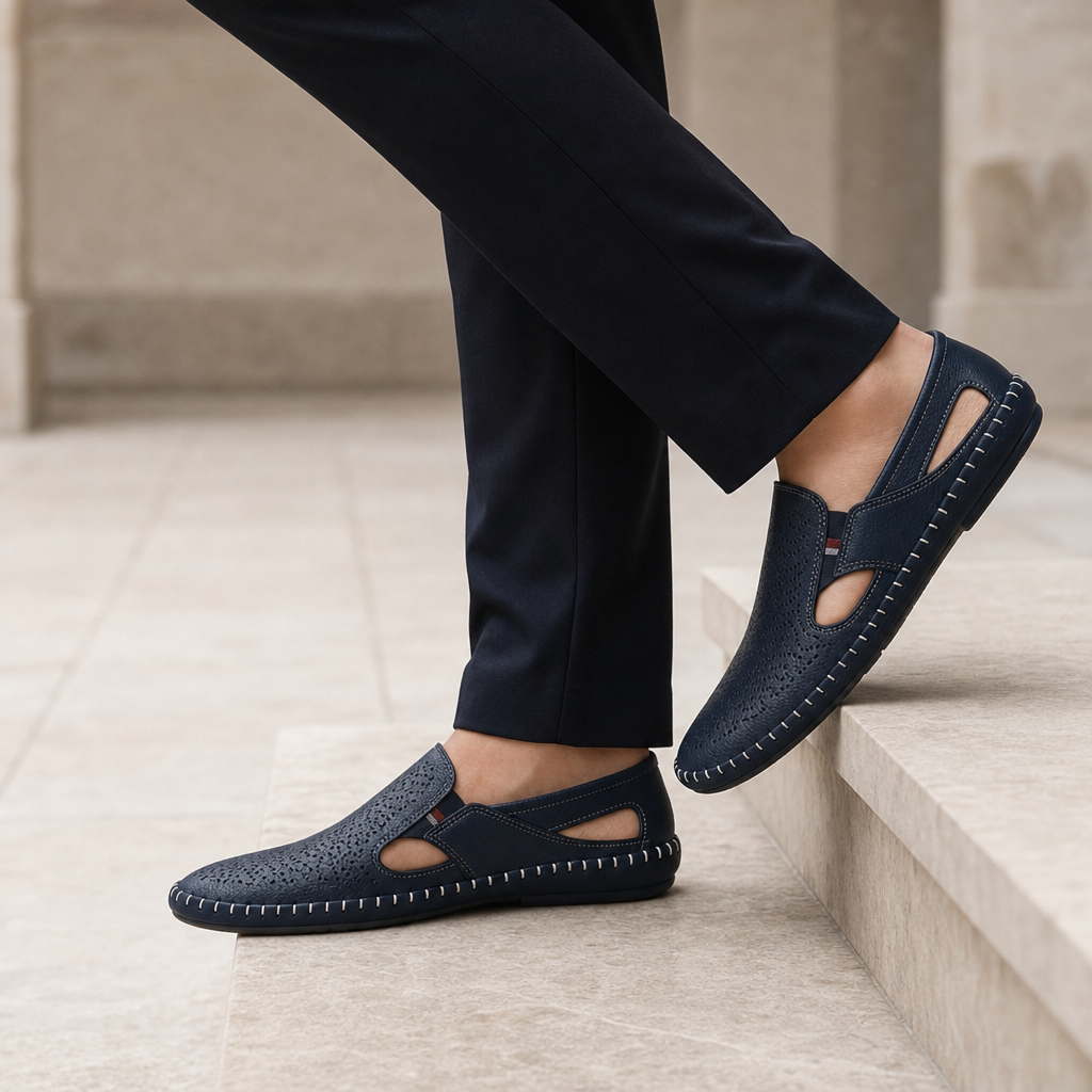 Nice Perforated Leather Sandals in Navy