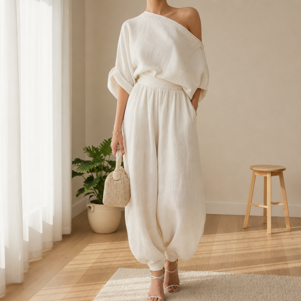 Paros Off-Shoulder Linen Co-ord Set in Off-white