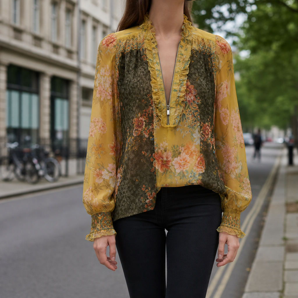 Monreale Ruffle Floral Chiffon Blouse in Olive yellow