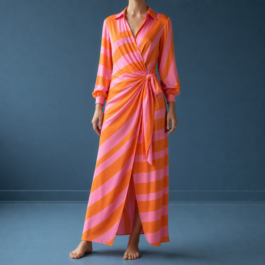 Mljet Striped Wrap Midi Dress in Orange & Pink
