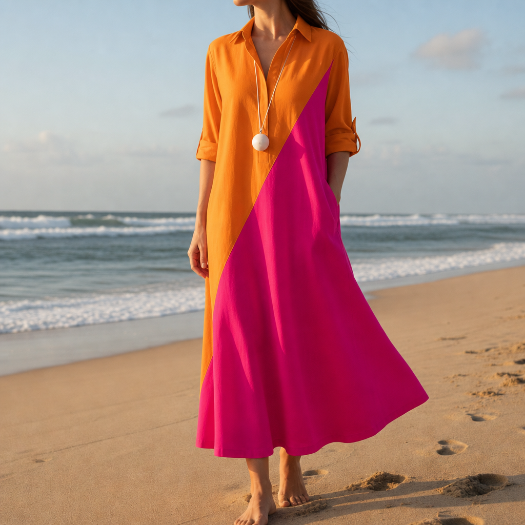 Chianti Colorblock Polo Midi Dress in Orange Pink