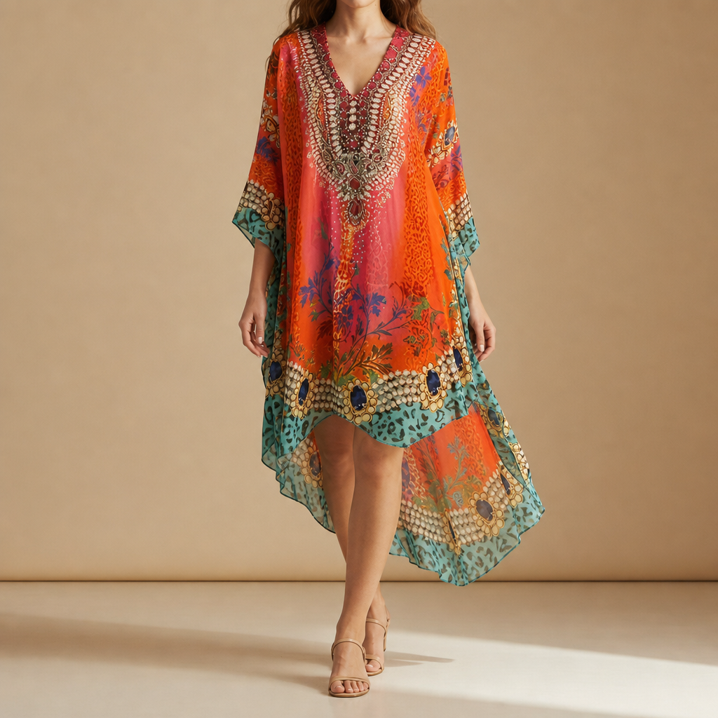 Peniscola Boho Print Kaftan Dress in Orange