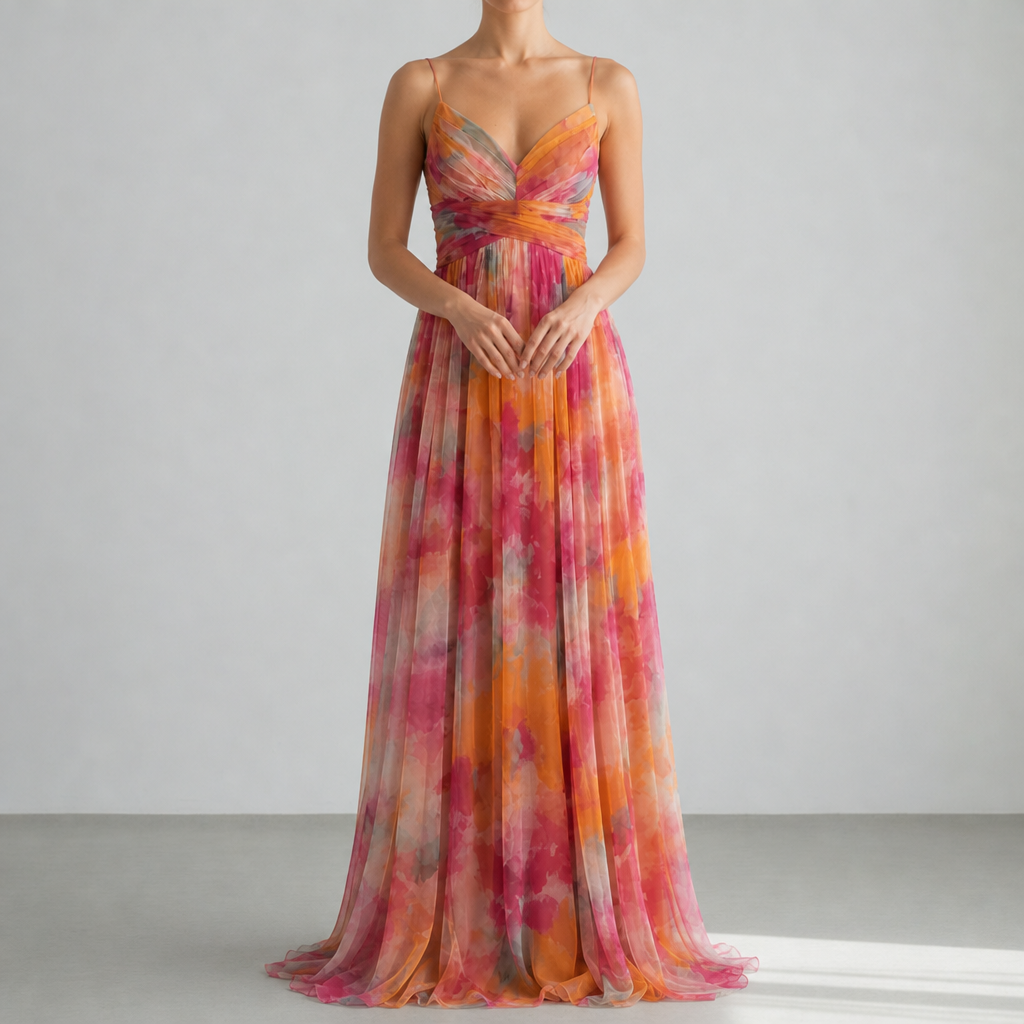 Gaeta Floral Chiffon Maxi Dress in Orange