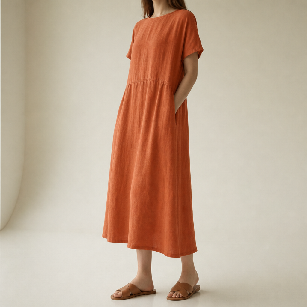 Kalymnos Loose Linen Midi Dress in Orange