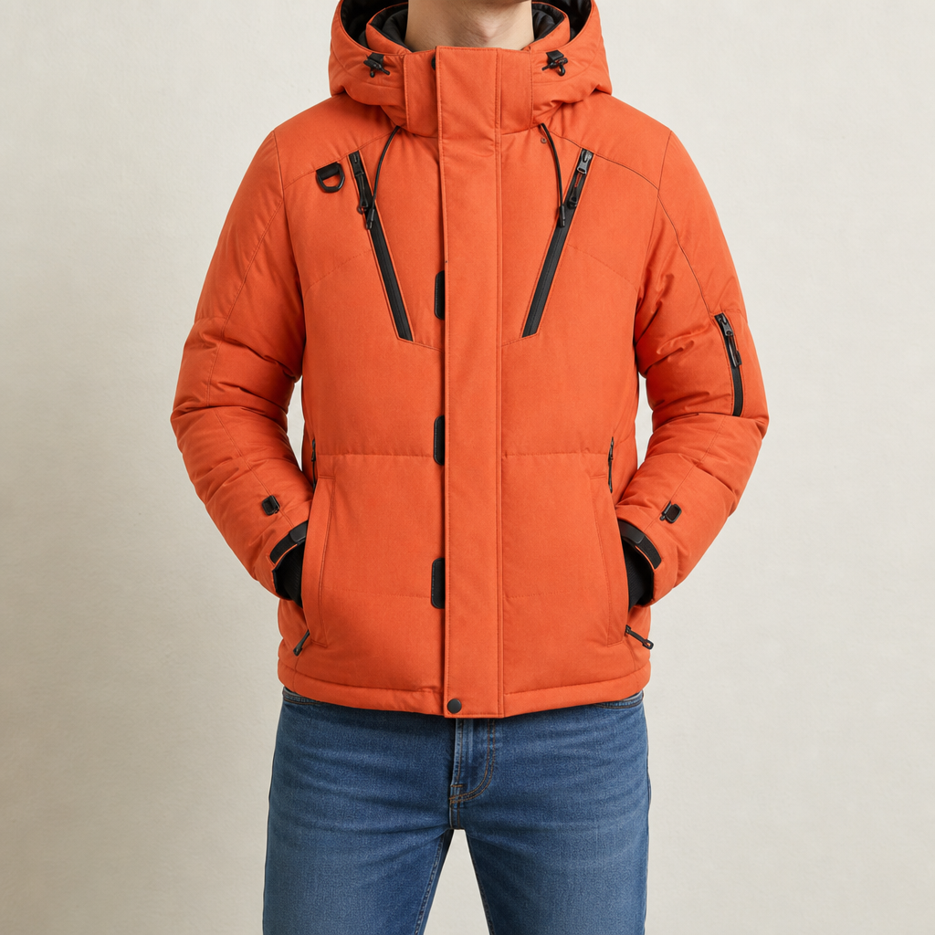 Ios Hooded Down Puffer Jacket in Orange