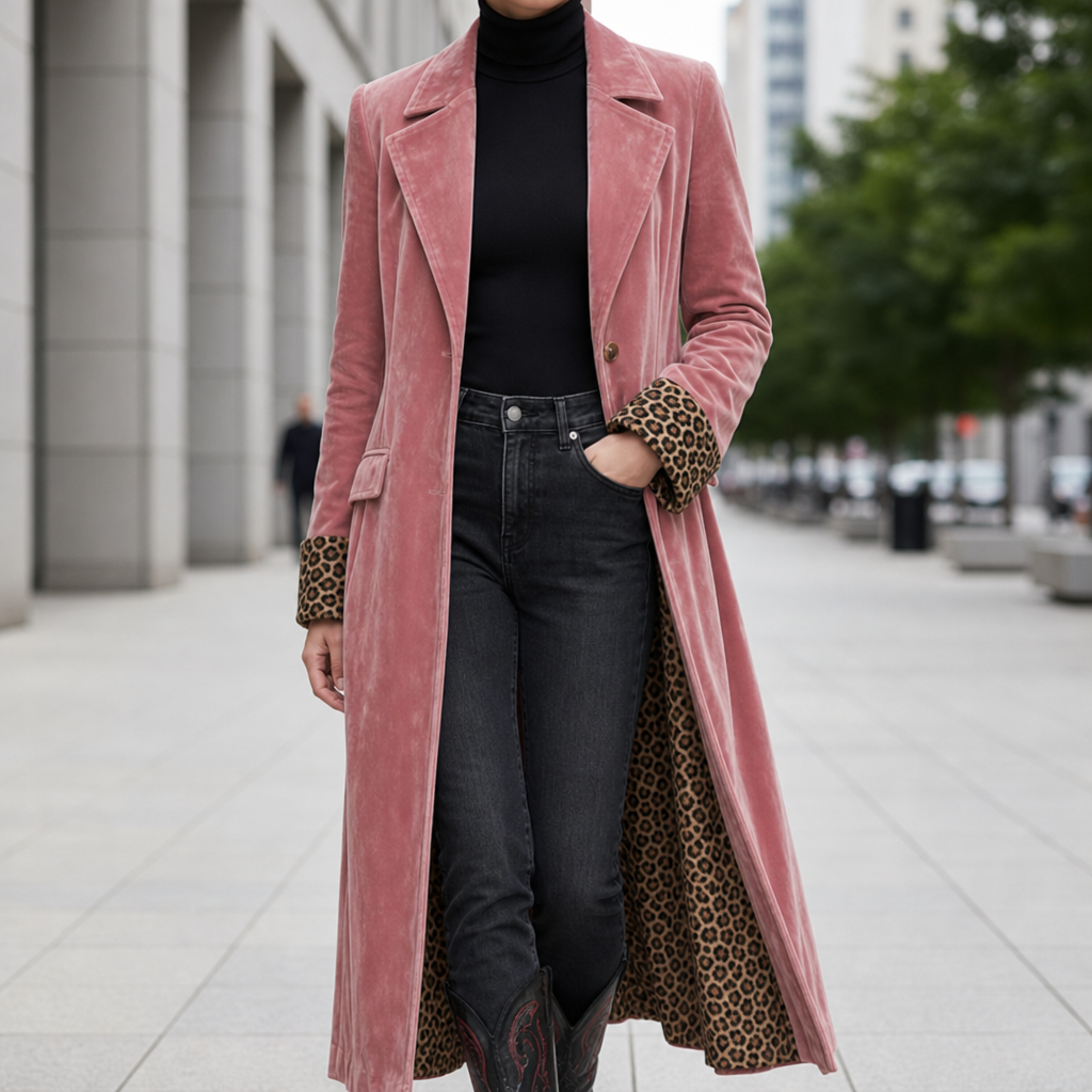 Gordes Velvet Leopard Trim Coat in Pink