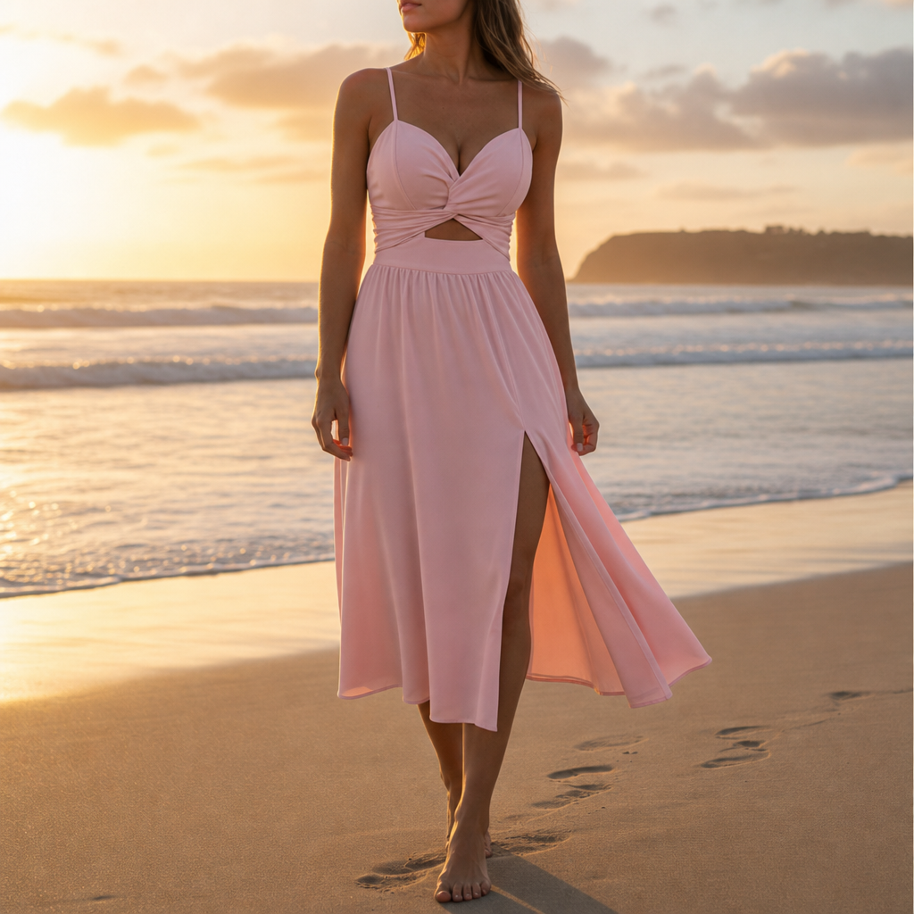 Antiparos Cut-Out Slit Midi Dress in Pink