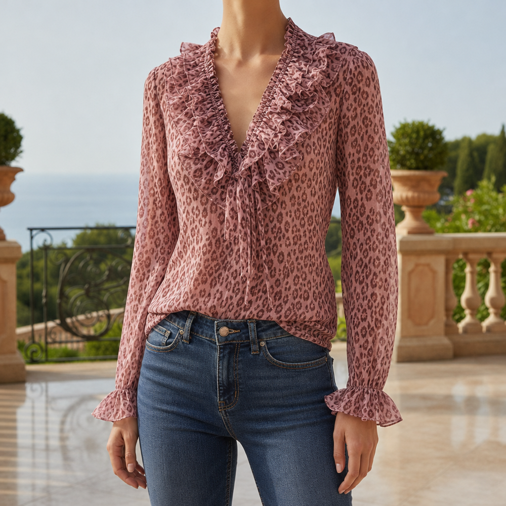 Pienza Ruffle V-Neck Blouse in Pink