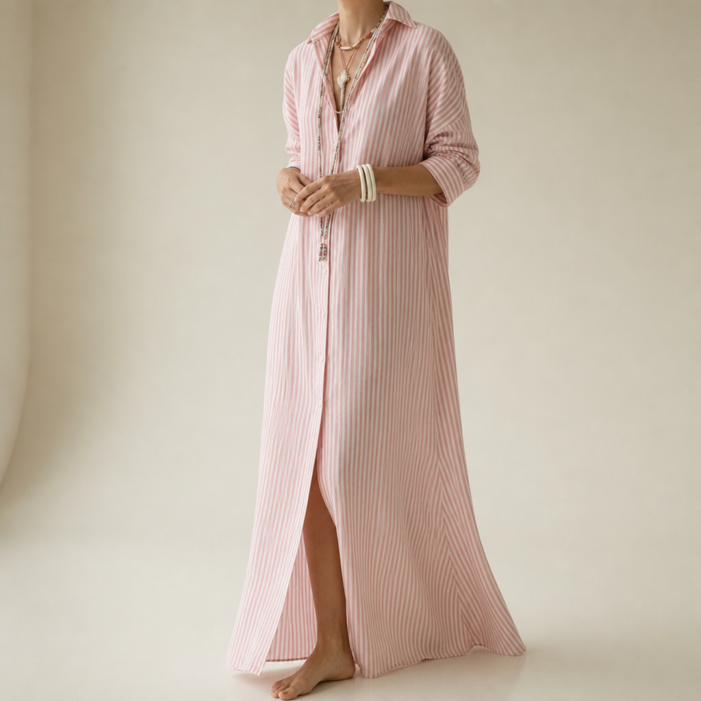 Comino Striped Linen Shirt Dress in Pink