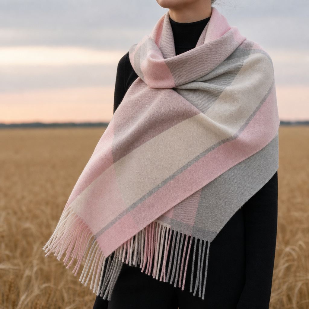 Grasse Plaid Fringe Scarf in Pink