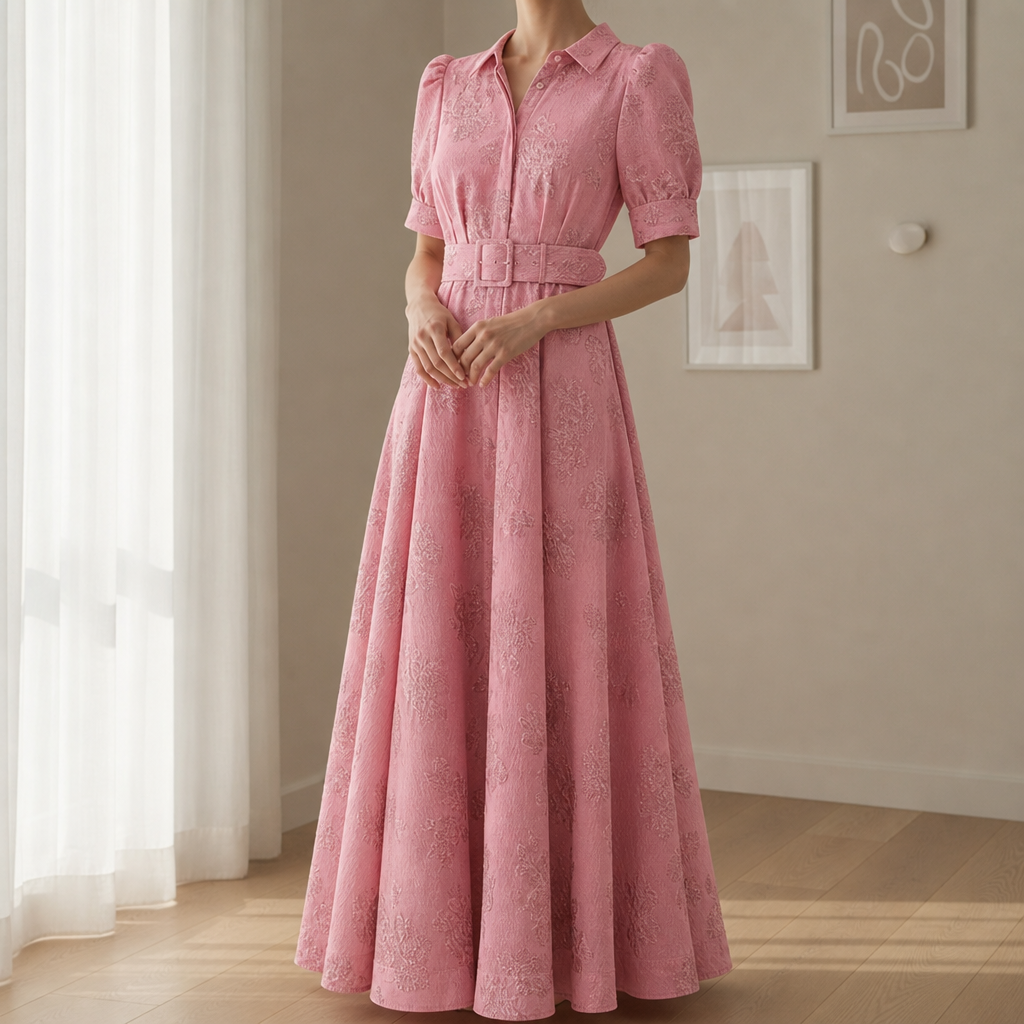 Chios Jacquard Belted Maxi Dress in Pink