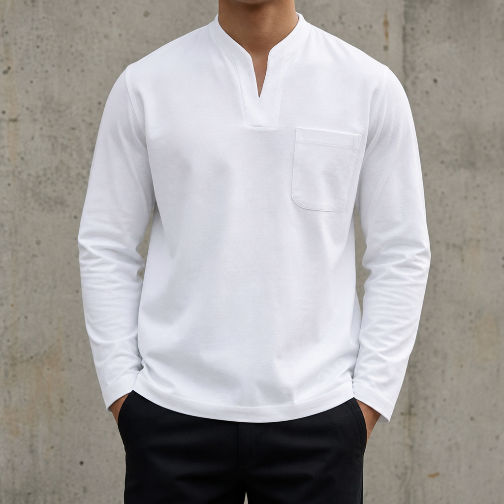 Tropea V-Neck Long Sleeve Tee in Pockets-White
