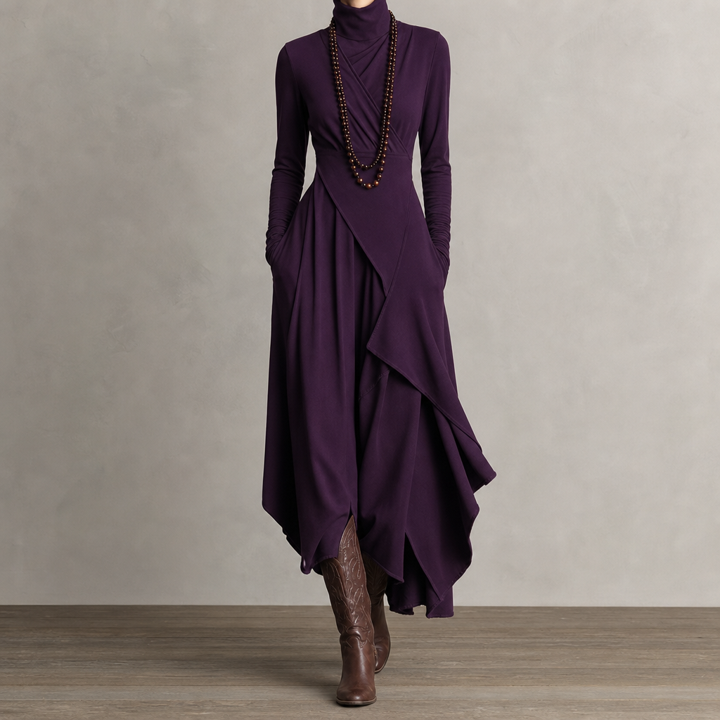 Skopelos Asymmetric Turtleneck Maxi Dress in Purple